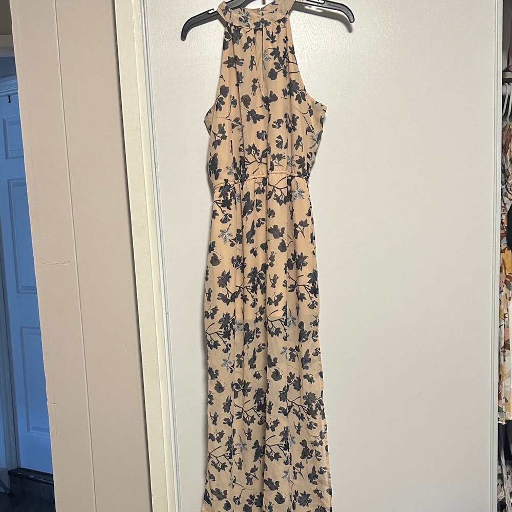 Cream/Pink and Blue Floral Cut Out Midi Dress with Side Slit
